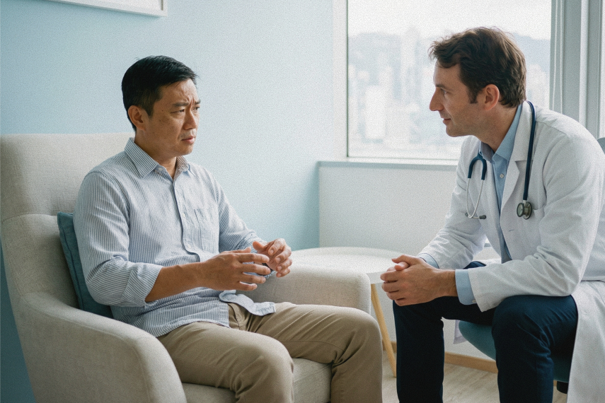 Asian adult patient showing signs of mental distress such as anxious gestures or a troubled expression, engaged in individual mental health support for anxiety with a French doctor