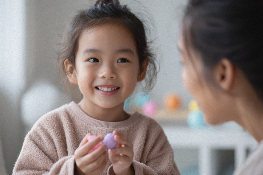 girl holding a playdough smiling
