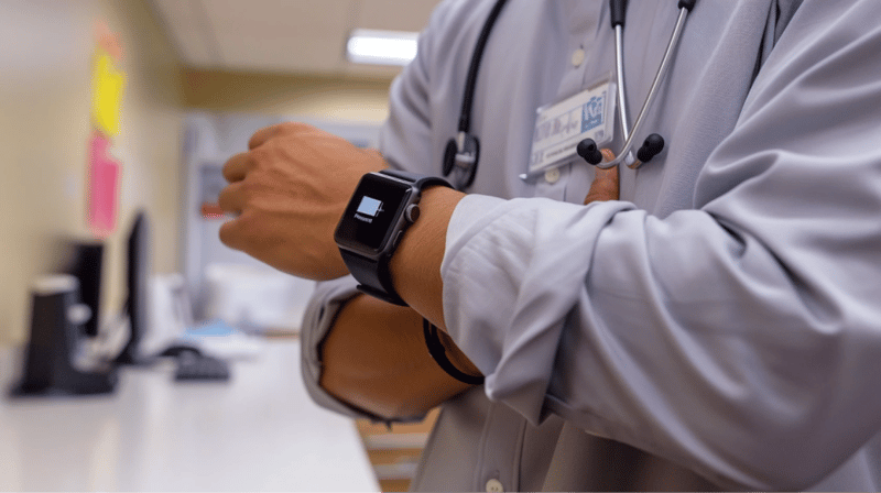 doctor wearing a smart watch inside a healthcare clinic