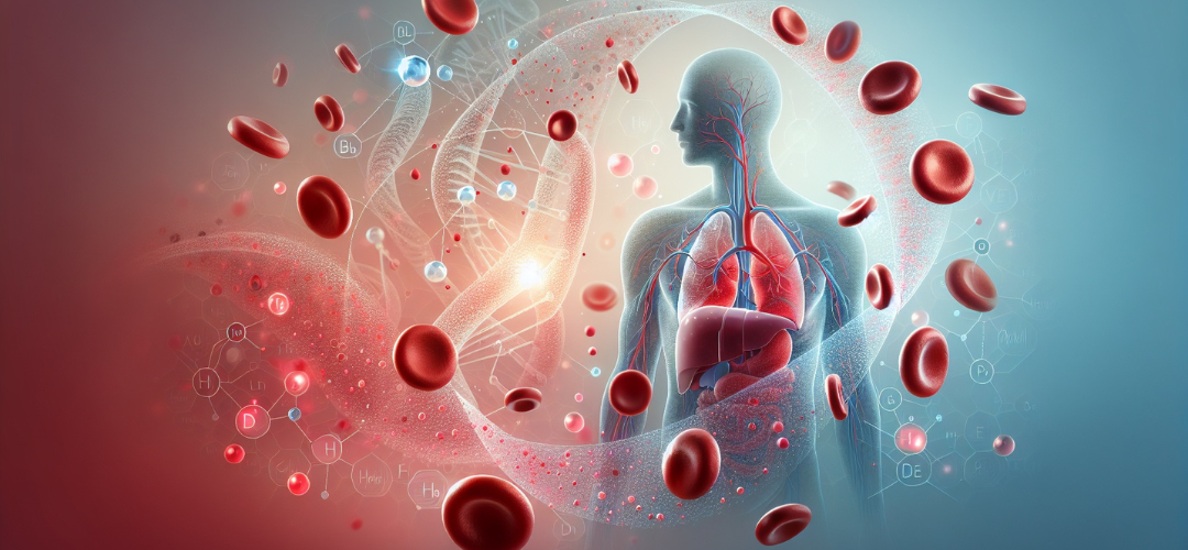 Red blood cells and iron molecules in a bloodstream with a faint human silhouette, highlighting ferritin's role in iron storage.