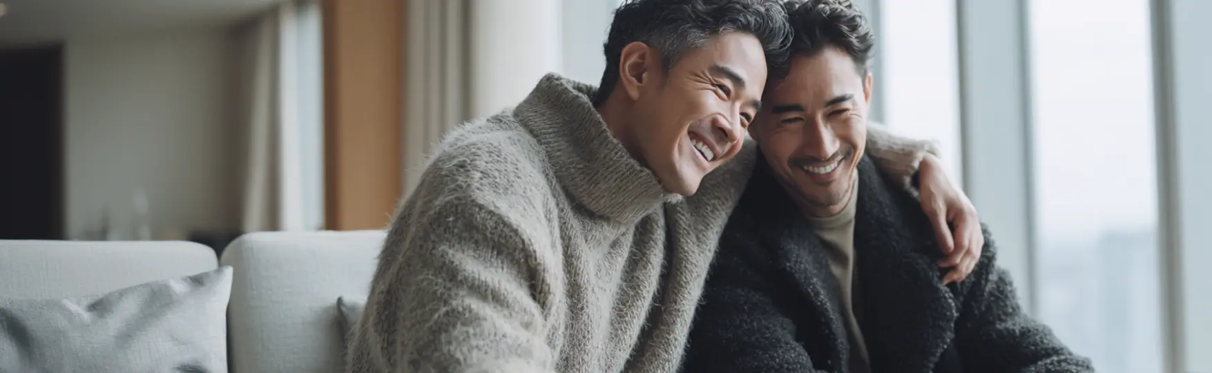 Two male sitting and hugging on a sofa